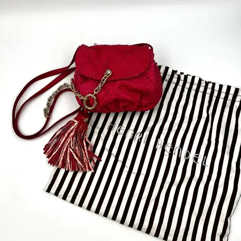 Henri Bendel Small Drawstring Bucket Crossbody Tassel Fish Leather Emboss Pink
