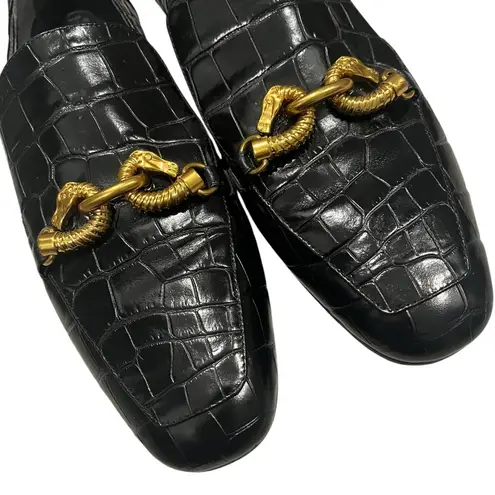 Tory Burch  Jessa Black Croc Embossed Leather Horse Hardware Loafers, Sz 11