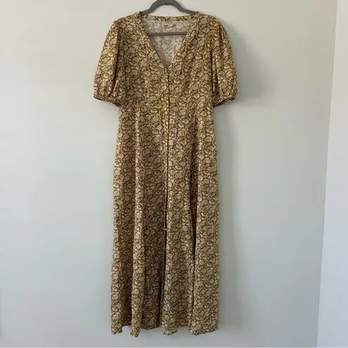Faherty Havana Golden Theodora Floral Button Down Puffed Sleeves Maxi Dress M Gold Size M