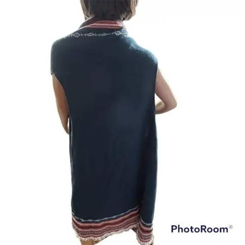 Marc New York Blue Long Line Aztec Blanket Open Front Sweater Fringe Shaw