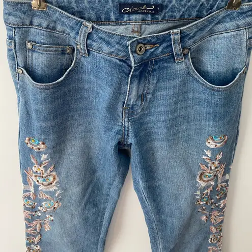 Y2K Vintage Embellished Embroidered Beaded Flare Jeans Low Rise 2000s Fairy Boho Blue Size 27