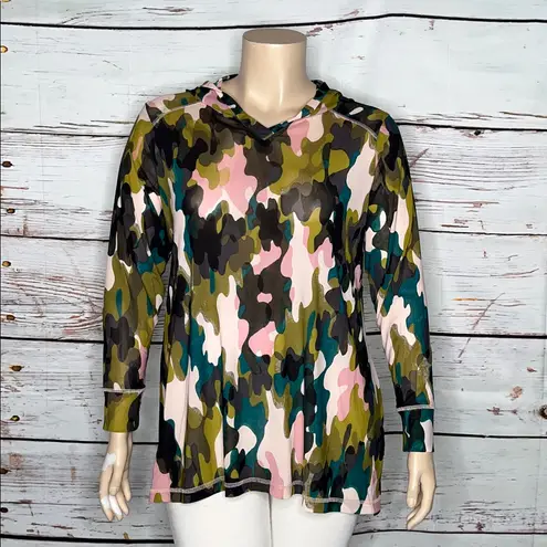 LOGO By Lori Goldstein LOGO Lounge by Lori Goldstein 1X Camo Print Long Sleeve Sheer Mesh Top w/ Hood
