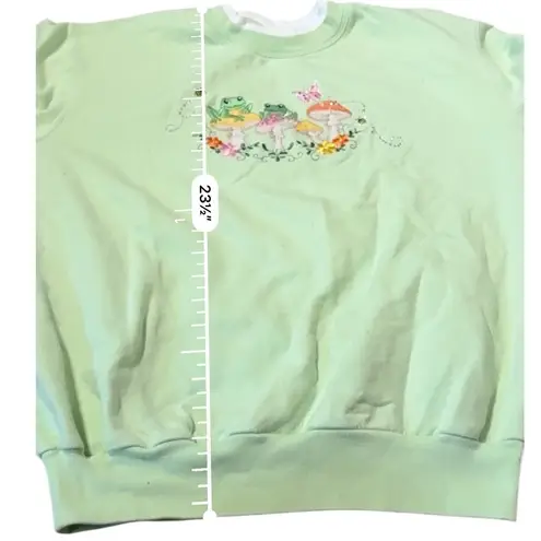 Cute Frog Mushroom Embroidered Lime Green Crewneck Sweatshirt Size L