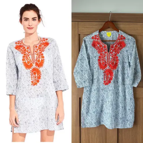 Roberta Roller Rabbit Embroidered 3/4 Sleeve Tunic Blue/Orange Women’s size XS