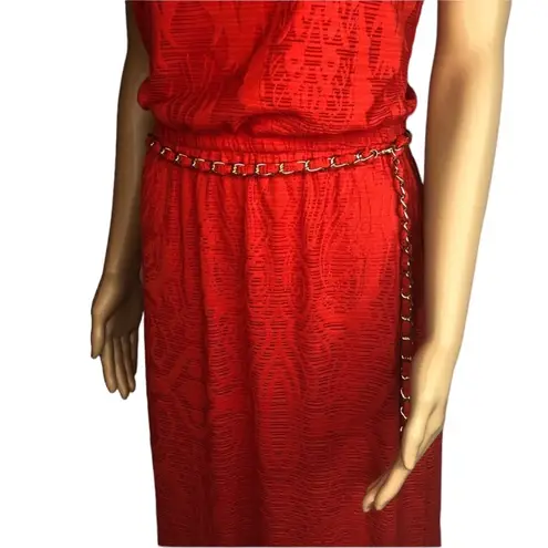 Cache  Strapless Red Orange Textured Slit Sides Belted Maxi Dress Womens Small