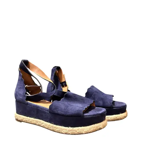 Chloé Chloe Espadrille Platform Wedge Sandals Scalloped Suede Ankle Strap Blue size 41