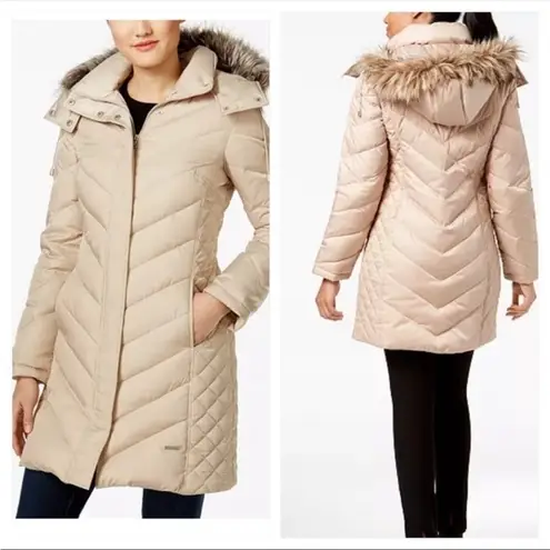 Kenneth Cole  • Tan Quilted Faux Fur Trim Hooded Down Puffer Coat