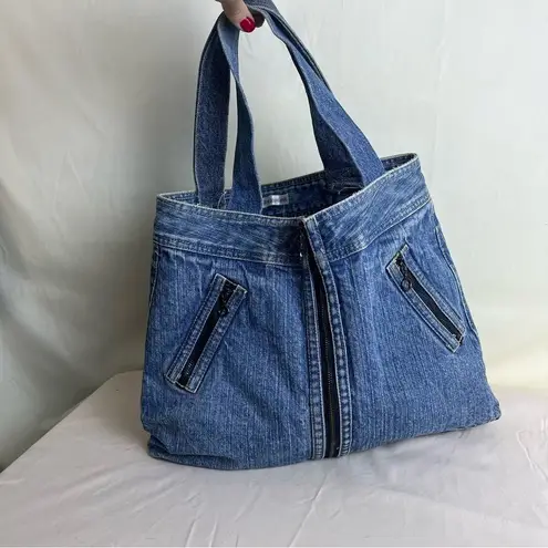 Reworked Vintage Denim Jeans Large Tote Bag Zip Pockets Casual Y2K Boho Retro