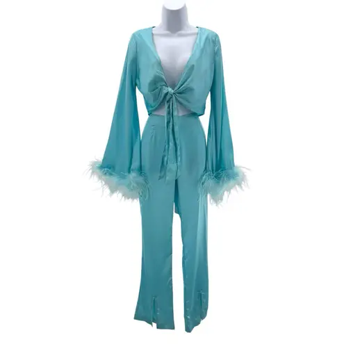 White Fox Boutique White Fox Satin Feather Trim Lounge Set Blue‎ Tie Front Top Pants Small Y2K Glam