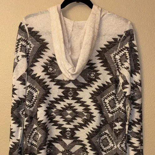 Moa Moa MEDIUM Geometric Open Front Hooded Cardigan Sweater Cream Black Gray