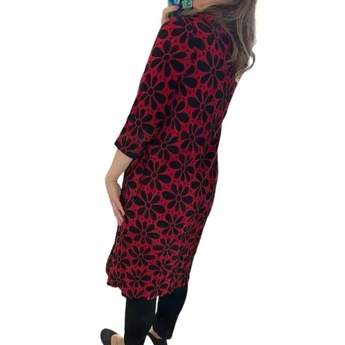 Vintage 60s RARE Mod Floral Red Black Flower Long Duster Cardigan Coat Size Med