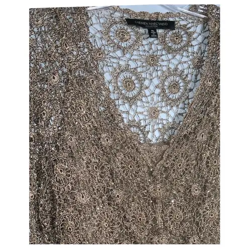Carmen Marc Valvo Carmen Marc Vavlvo Tan 2Pc Crochet With Sparkly Beads Tank Top & Cardigan XL