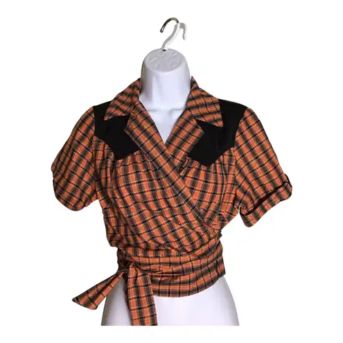 Unique Vintage Women 50’s Western Wrap Plaid Crop top Sz.Med Orange Cowgirl Boho