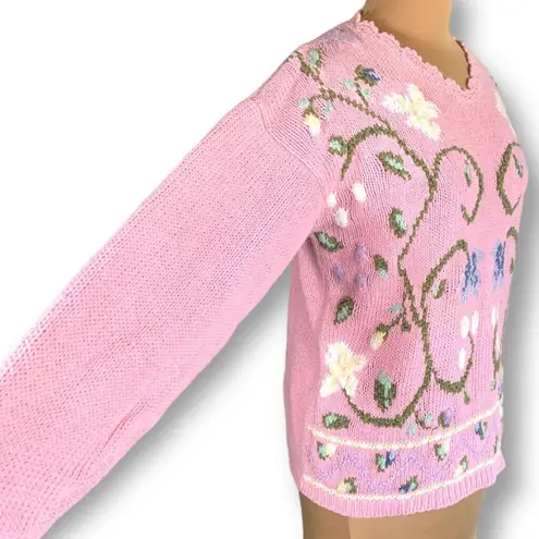 Vintage 90s Embroidered Floral Sweater Pink Scalloped Neck Cottage Flower Knit Size M