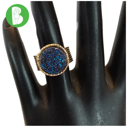 14K SOLID YELLOW GOLD WITH BLUE DRUZY QUARTZ STACKED WRAP STYLE RING (5.25)