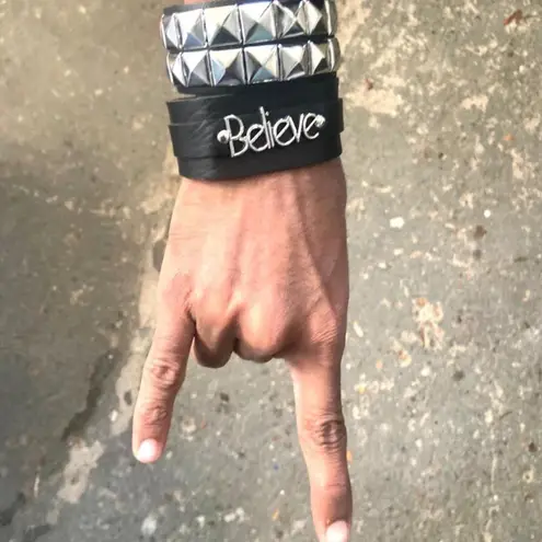 2 Pcs Set “ The Believe Studded Punk Bracelet Goth Pack “ Black