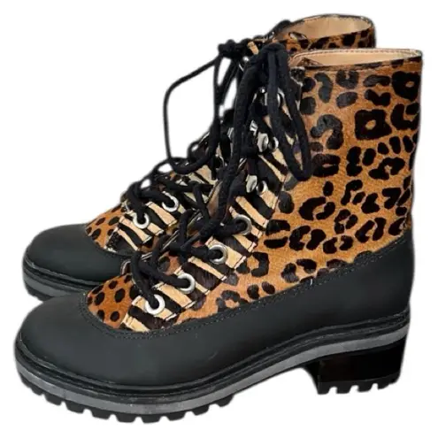 Schutz Magalda Animal Leopard Print Calf Hair Lace-Up Combat Boots Size 5