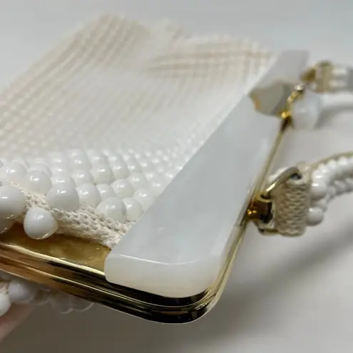 Vintage La Regale White Plastic Pearl Beaded Handbag Purse 60s Regency MCM