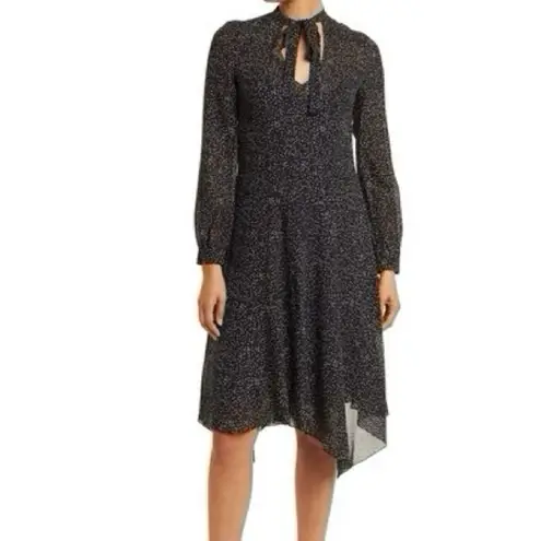 Theory NEW  Tie Neck Drape Silk Dress Midi Multi Speckle Black