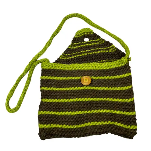 Handmade Crocheted Striped Crossbody Bag Moss Green Brown Wooden Button
