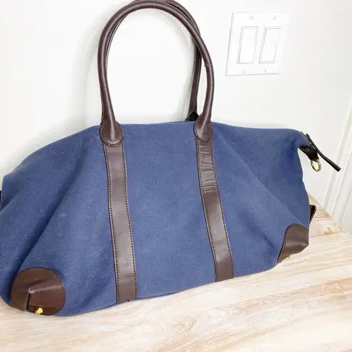 cuyana navy canvas leather weekender overnight bag Blue