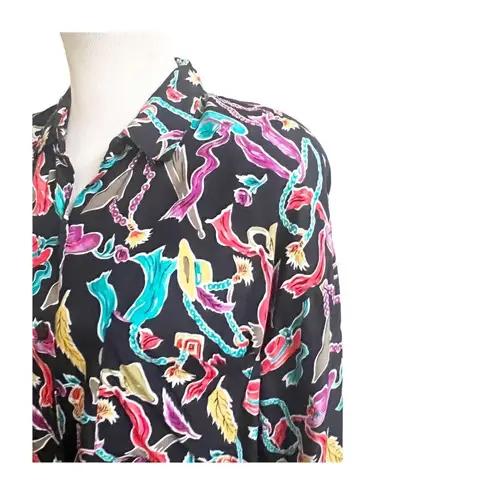 Diane Von Furstenburg Vintage Novelty Hats Feather Button Down Shirt XL Artsy Black