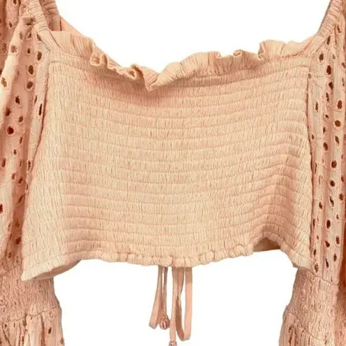 Surf Gypsy Peach Crochet Ballon Sleeve Cropped Eyelet Top Coquette