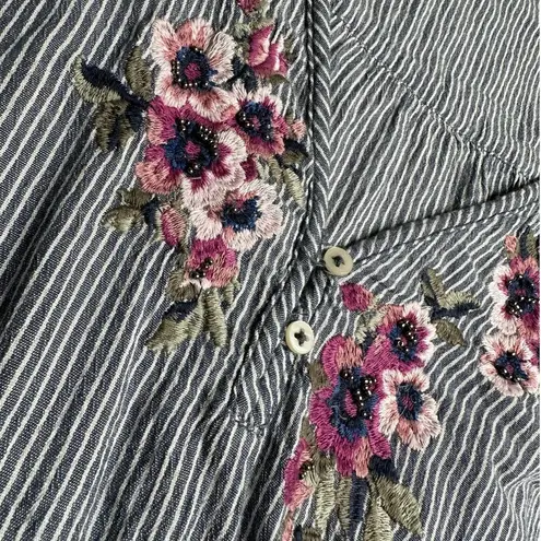Abercrombie: Striped Balloon Sleeve Floral Embroidered Long Sleeve Blouse Blue Size M