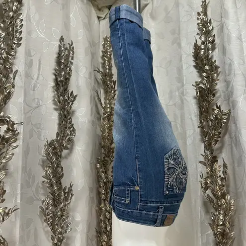 Love Indigo Jean Women's Size 6 Cuffed Capri Stretch Denim Bling Embroidery Pock