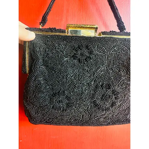 Vintage 70s/80s Black Beaded Embroidered Clutch Closure Beaded Handled Handbag