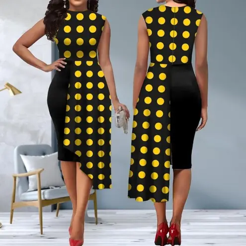 Women’s Black & Yellow Polka Dot Dress Long Sleeve Asymmetrical Hem Size 2XL