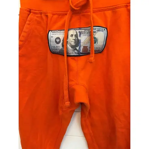 Twenty One Rich Sweatpants S with Money Graphic & Drawstring Waistband Orange
