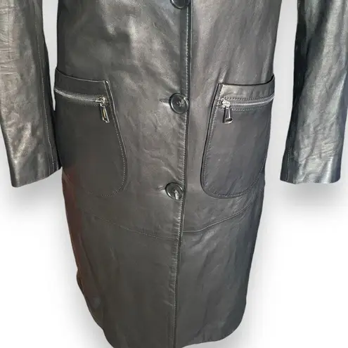 L’Univers Du Luxe Black Leather Longline Trench Coat Zipper Pockets Button Down Black