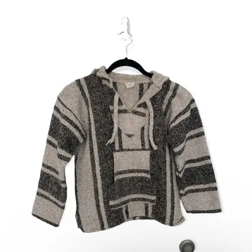 Baja Hoodie Pullover Gray Beige Striped Mexican Poncho Style Size Small