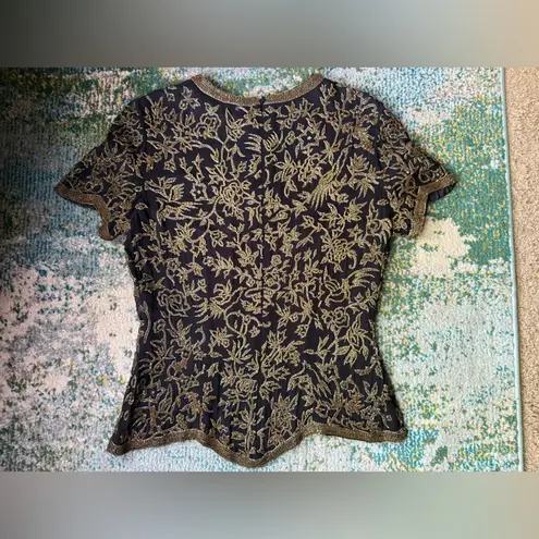 Vintage Oleg Cassini Black Tie beaded gold silk evening top, size small