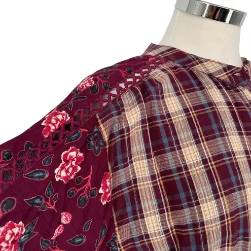 Angie  Plaid Floral Button-Up Tie-Front Blouse Burgundy Size Large - Image 5