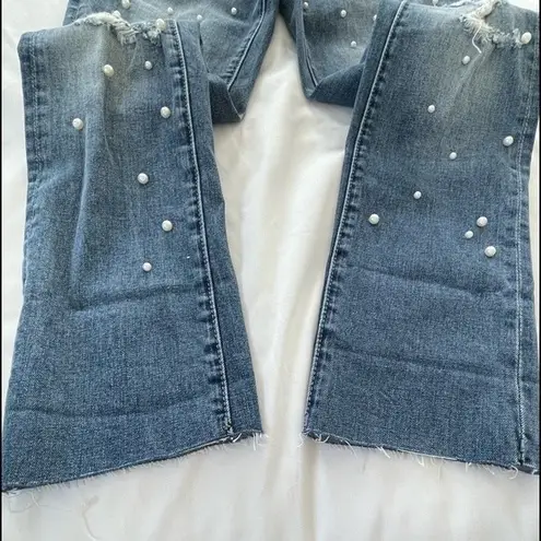 AQUA NWT  Pearl Embellished Distressed Straight Leg Jeans Ankle‎ Cropped Size 24
