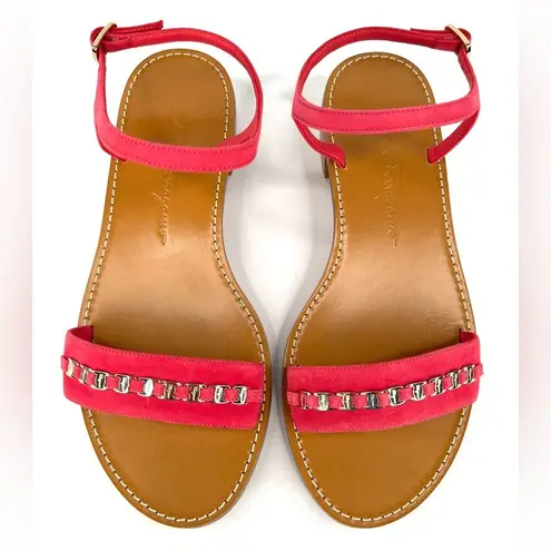 Salvatore Ferragamo Tremiti Gancini Chain Logo Pink Suede Ankle Strap Sandals 7