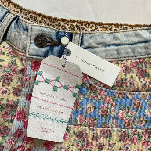 Farm Rio Floral Leopard Print Patchwork Denim Shorts Yellow, Pink Size 25 NWT