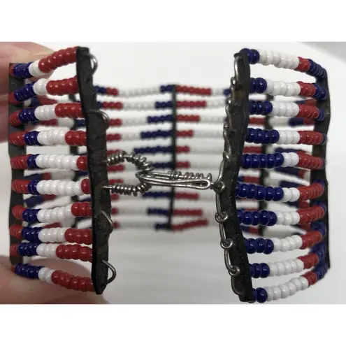 Beautiful Native American Metal and Beaded Cuff Bracelet Red Blue White