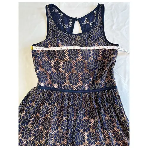 Minuet Deep Blue Pink Midi Bow Detail Lace Embroidered Dress Size Small Wedding