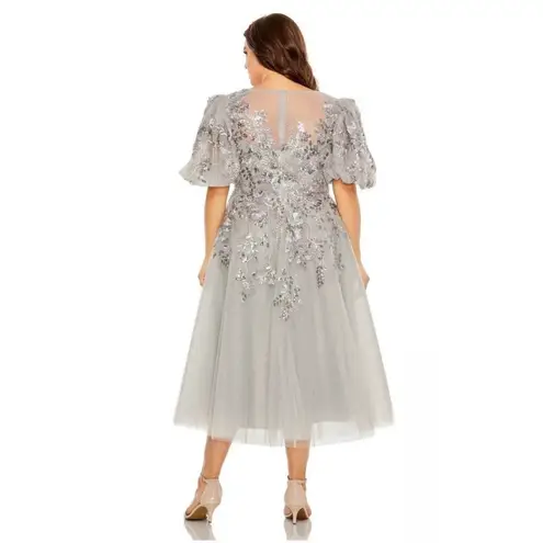 Mac Duggal 20475 Silver Gray Sequin Beaded Tulle Midi Dress Size 12 NWT