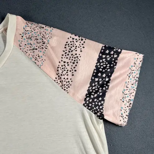 Emery Rose Casual Top Womens XL V Neck Cream Floral Raglan Sleeve T Shirt Pink