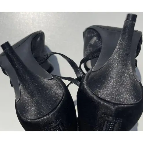 Amelia Grace Shoes Women’s Size 10 Palm Print Fabric Heels Slip On Open Toe Heel Black