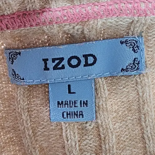 IZOD Cotton Cable Knit Crewneck Sweater Tan with Pink