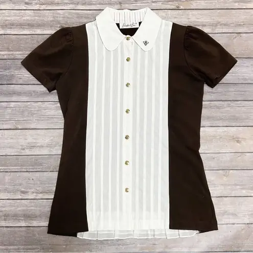 Birdie Bee Brown White Pleated Button Up Short Puff Sleeve Collared Top XS