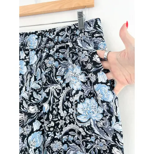 Tahari Linen Wide Leg Pants Large Blue Black Paisley Print Pull On Ankle Crop