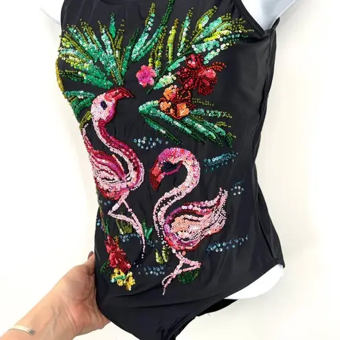 One Piece Y2K Michael Simon Black  Swimsuit with Sequin Flamingos Glitter Bling S