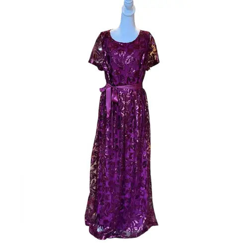 Tahari ASL Short Sleeve Sequin Lace Gown Maxi Dress Women’s Size 16 NEW Purple
