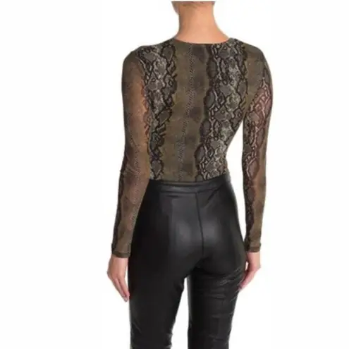 AFRM Womens Size XS Jane Mesh Sleeve Thong Bodysuit in Olive Snakeskin Print